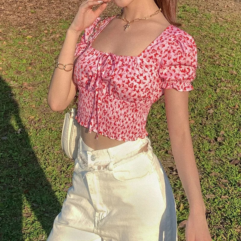 Cute Floral Butterfly Puff Tie Up Crop Top Short Sleeve Shirt Tee T-shirt Kawaii Korean Japanese Harajuku Chinese Retro Streetwear Aesthetic Fashion