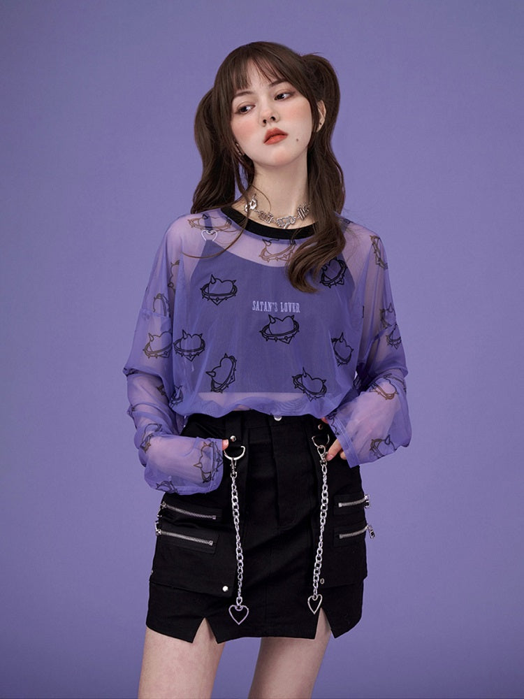 Transparent Mesh Heart Long Sleeve Shirt