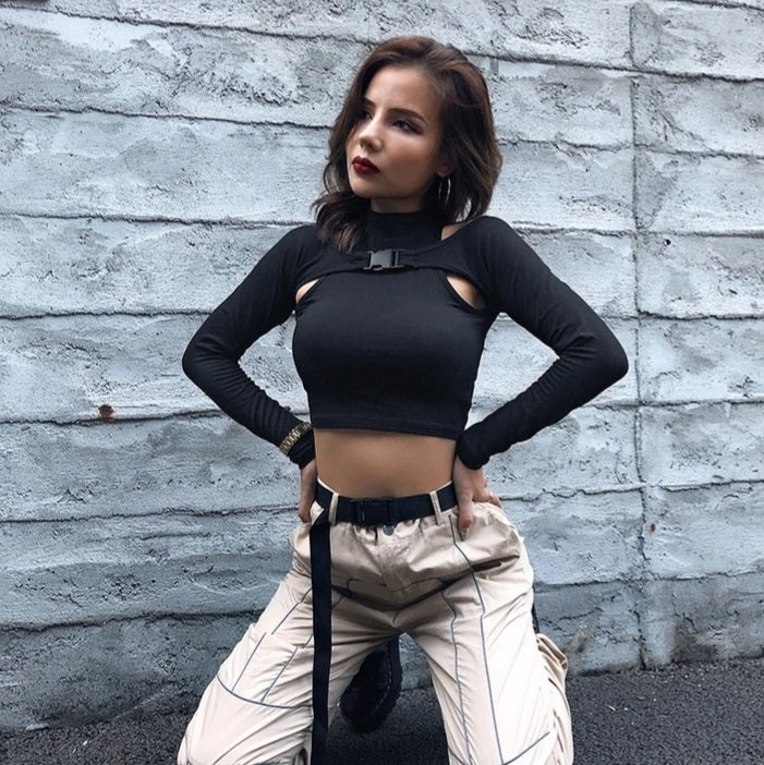 Cute Black Buckle Hollow Out Turtleneck Crop Top Long Sleeve Shirt Punk Goth Summer Aesthetic Casual E-Girl Kawaii Korean Japanese Harajuku