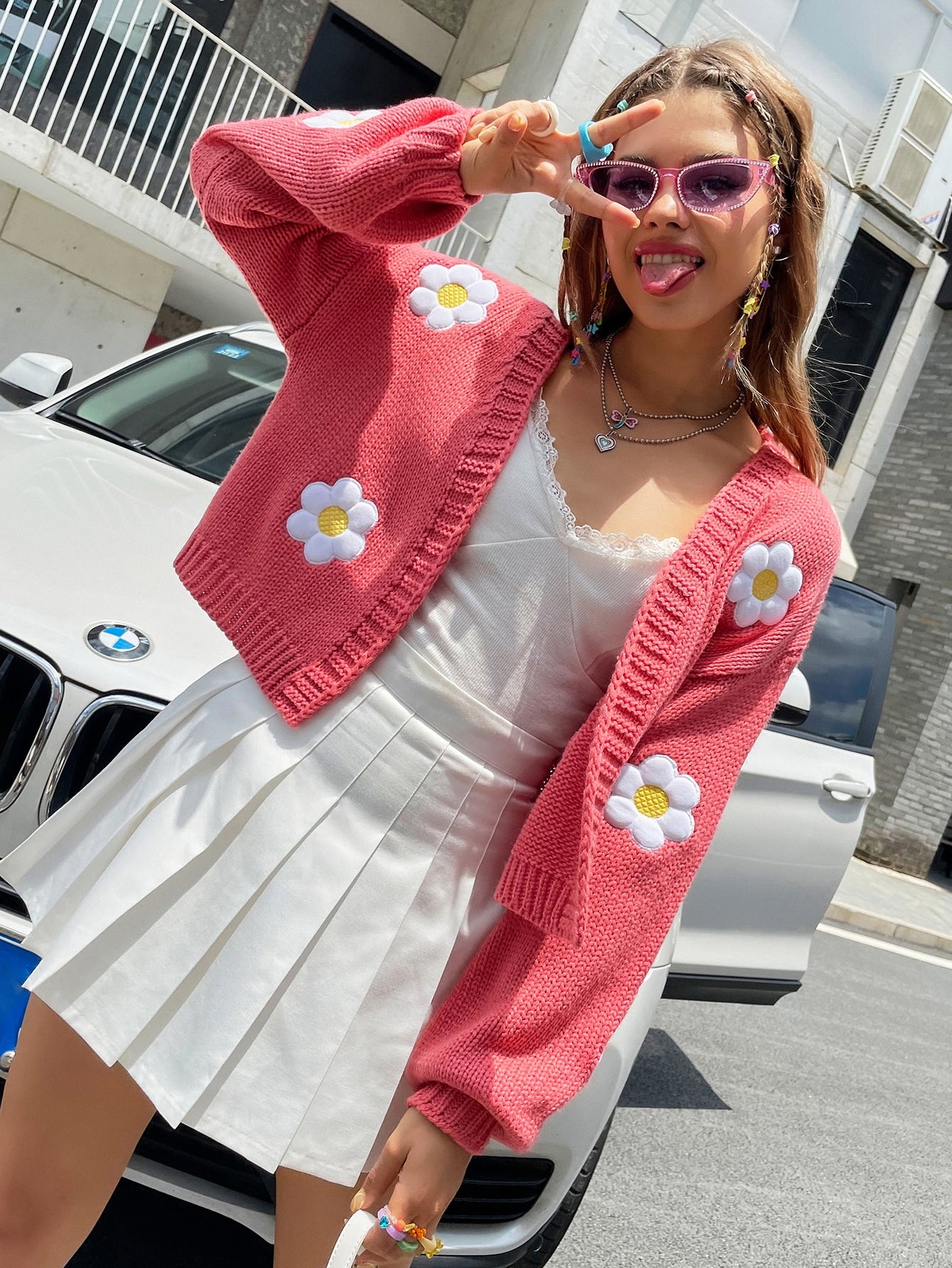 Floral Crochet Knit Lantern Sleeve Cardigan