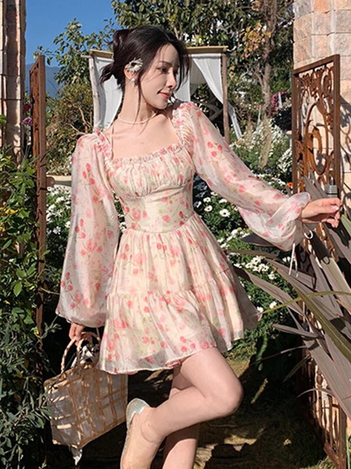 Rose Watercolor Off Shoulder Puff Sleeve Dress