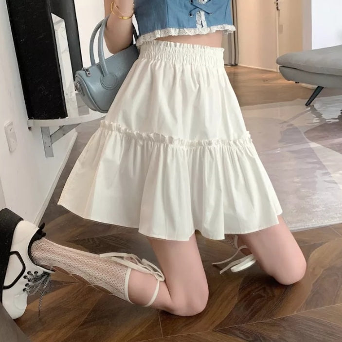 Cute White Ruffles Patchwork High Waist Mini Skirt Fairycore Pleated Preppy Aesthetic Casual Summer E-Girl Kawaii Korean Japanese Harajuku