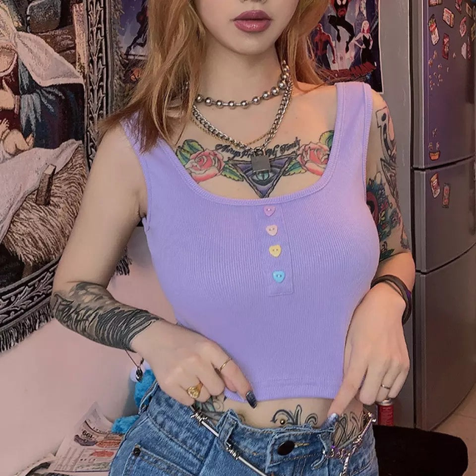Cute Pastel Purple Heart Button Ribbed Knit Crop Top Causal Tank Top Casual Camisole T-shirt Tee E-Girl Kawaii Korean Japanese Harajuku Streetwear