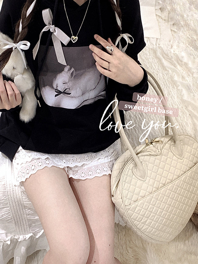 Black Rabbit Bow Loose Hoodie
