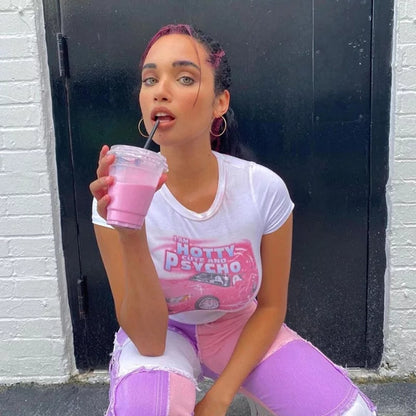Cute 90s Vintage Hot Pink Car Print White Short Sleeve T-shirt Crop Top Aesthetic Casual E-Girl Kawaii Korean Japanese Harajuku