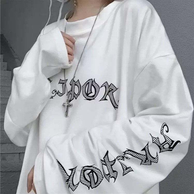 White Dark Anime Girl Cartoon Print Long Sleeve White T-Shirt Oversize Loose Vintage Goth Aesthetic E-Girl Kawaii Korean Japanese Harajuku Streetwear