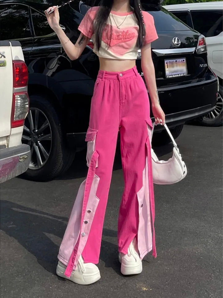Pink Patchwork Baggy Cargo Pants