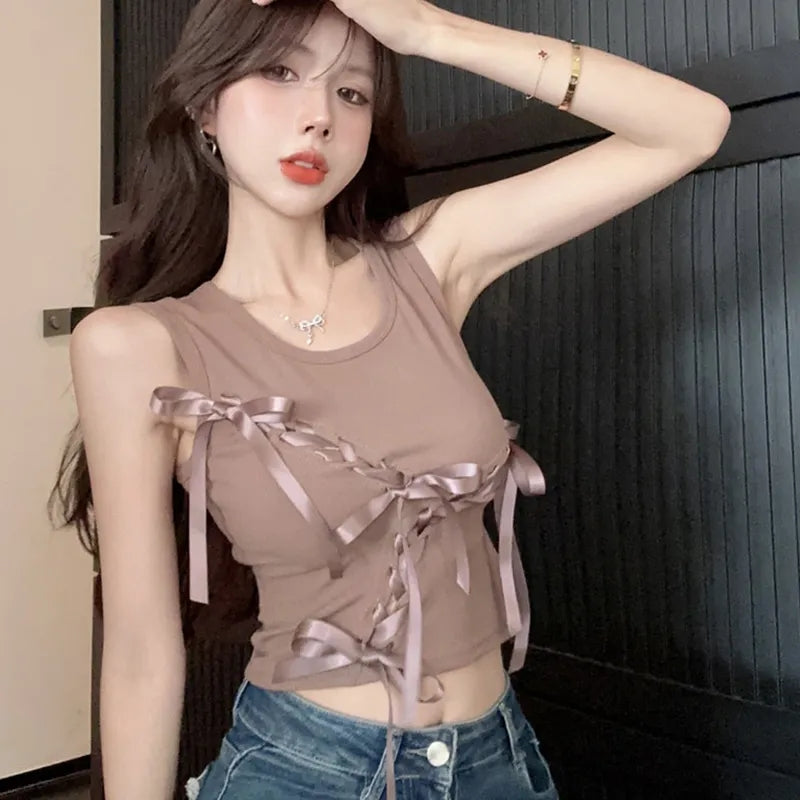 Brown Bow Tie Hollow Out Tank Top