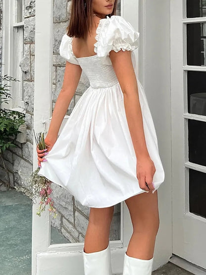 White Puff Sleeve Ruffle Trim Mini Dress
