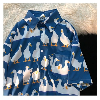Funny Unisex Duck Cartoon Print Hawaii Beach Oversize Short Sleeve Shirt Botton Up Aesthetic Casual Summer E-Girl Kawaii Korean Japanese Harajuku
