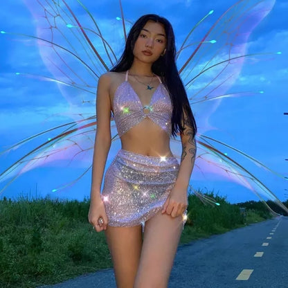 Cute Sexy Glitter Camisole + High Waist Mini Skirt Suit Backless Summer Aesthetic Casual E-Girl Kawaii Korean Japanese Harajuku
