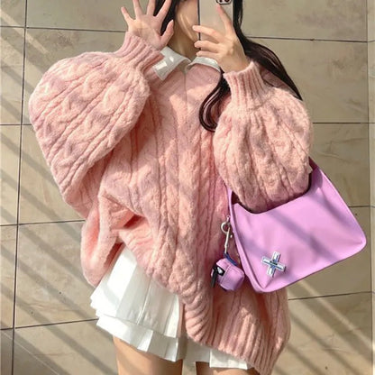 Pink Preppy Cable Knit V Neck Sweater