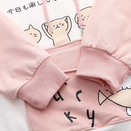 Cute Sweet Pastel Pink Cat Fish Print Soft Long Sleeve Hoodie Sweatshirt Pullover Aesthetic Casual E-Girl Kawaii Korean Japanese Harajuku