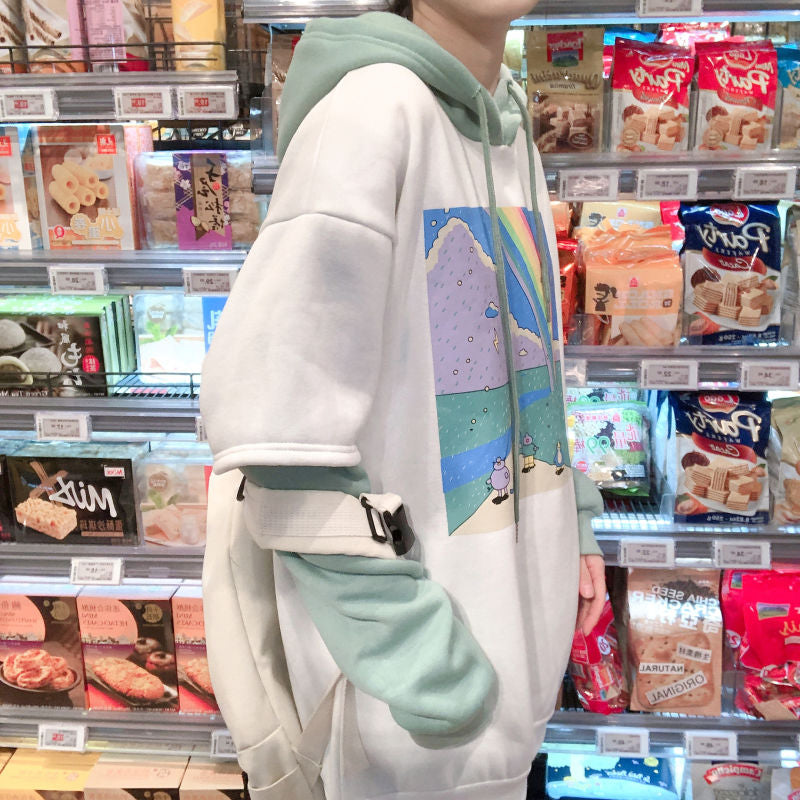 Rainbow Cartoon Print Hoodie Patchwork Loose Drawstring Sweatshirt Sweater Long Sleeve Pullover E-Girl Kawaii Korean Japanese Harajuku Streetwear