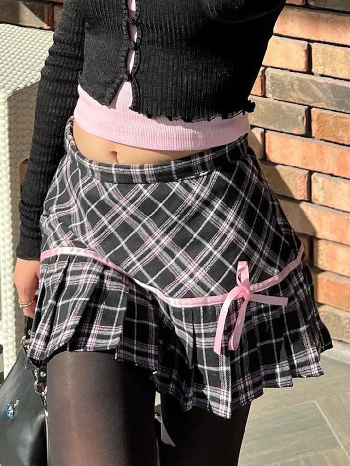 Pink Plaid Stripe Pleated High Waist Mini Skirt