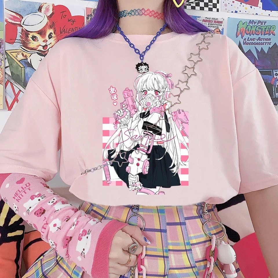 Cute Pink Black Sweet Vintage Anime Girl Cartoon Loose Short Sleeve Shirt Tee T-shirt Summer Casual E-Girl Kawaii Korean Japanese Harajuku Streetwear