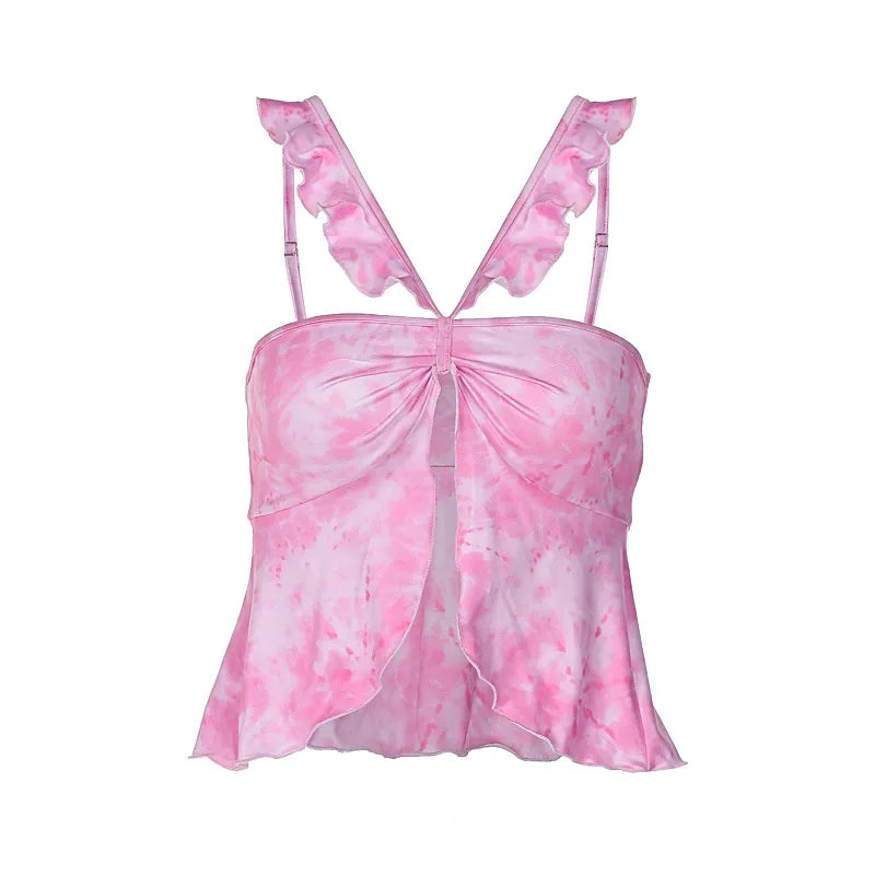Pink Tie Dye V Neck Ruffle Crop Top