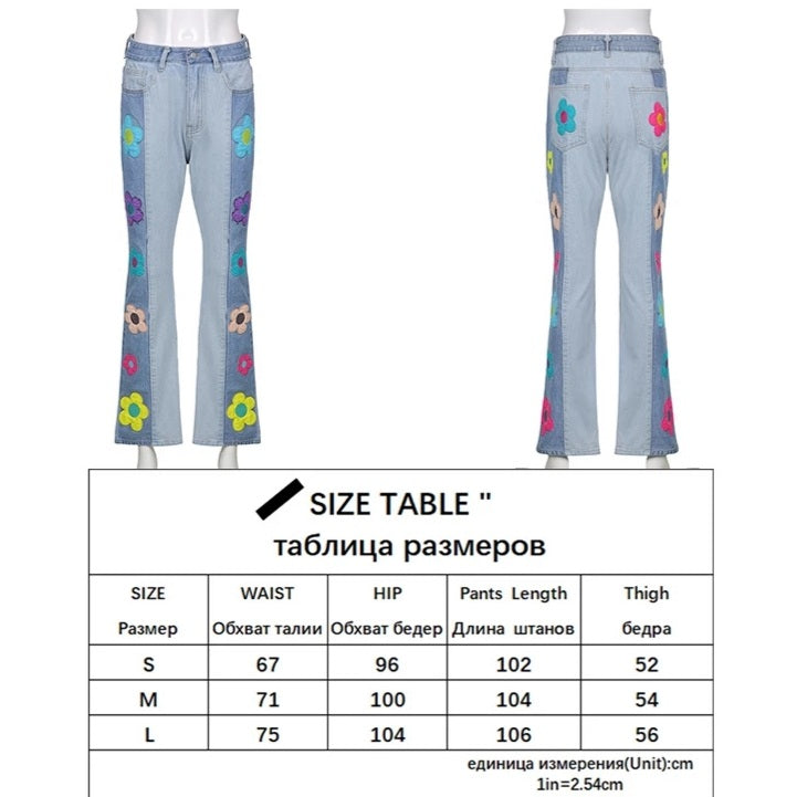 Cute Vintage Flower Patchwork High Waisted Denim Jean Trouser Pants Indie Punk Aesthetic Casual Summer E-Girl Kawaii Korean Japanese Harajuku