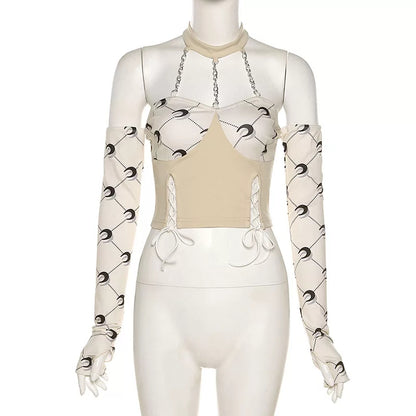 Cute Moon Print Patchwork Bandage Bustier Chain Halter Crop Top Off Shoulder Long Sleeve Shirt Aesthetic E-Girl Kawaii Korean Japanese Harajuku