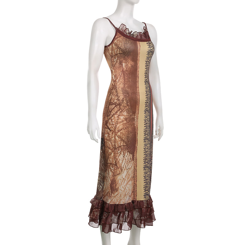 Retro Brown Lace V Neck Maxi Dress