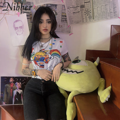 Cute Sexy White Unicorn Rainbow Cartoon Crop Top T-shirt Tee Short Sleeve Shirt E-Girl Kawaii Korean Japanese Harajuku Retro Streetwear