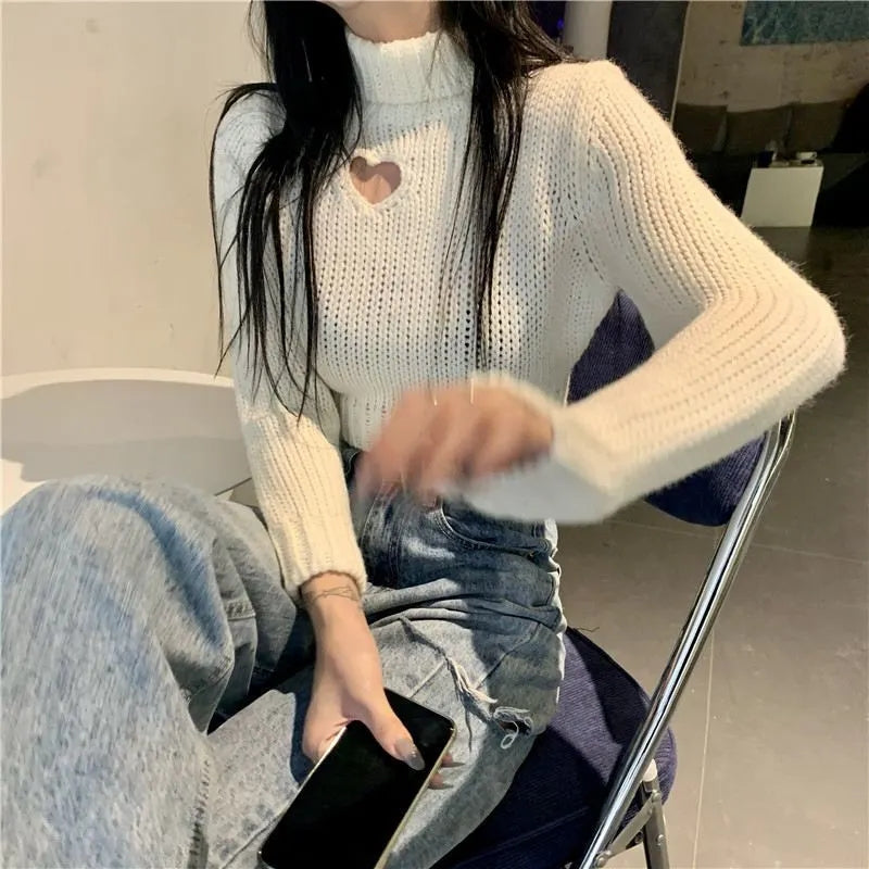 Heart Hollow Out Cropped Turtleneck Sweater