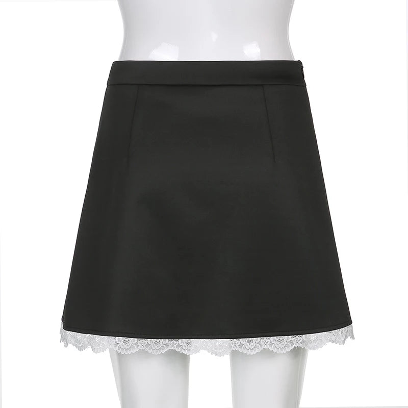 Cute Black Maid Lace Trim Mini Skirt 90s Party Summer Aesthetic Casual E-Girl Kawaii Korean Japanese Harajuku