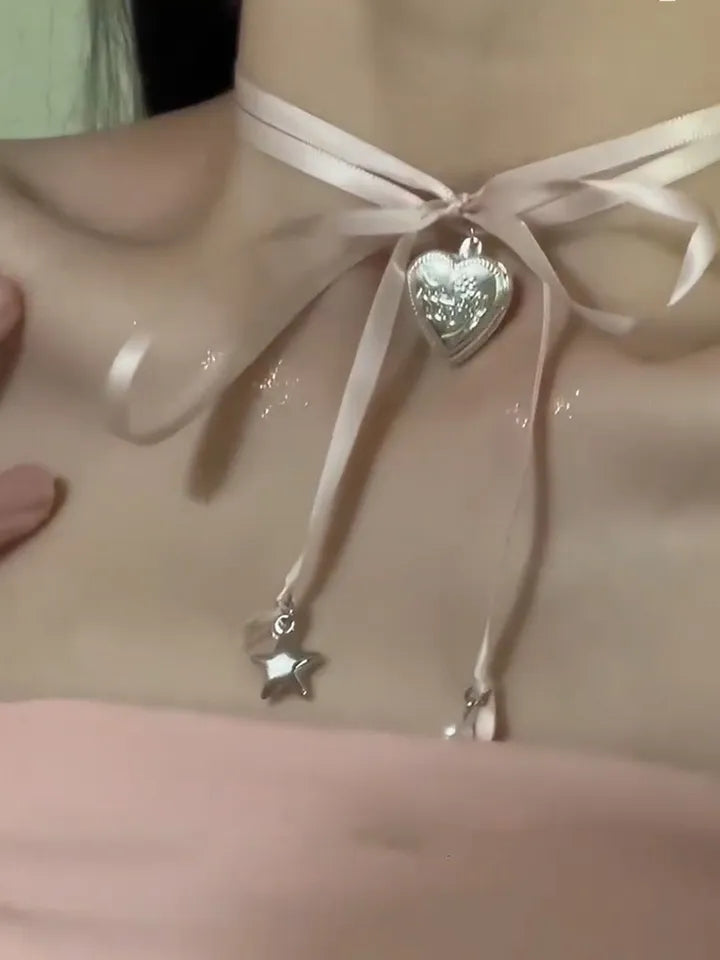 Pink Heart Pendant Rope Tied Necklace