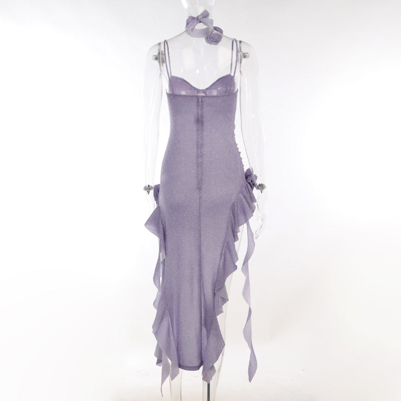 Purple Glitter Flower Frill Split Midi Dress