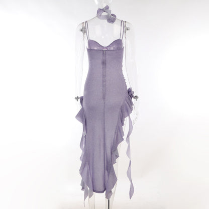 Purple Glitter Flower Frill Split Midi Dress