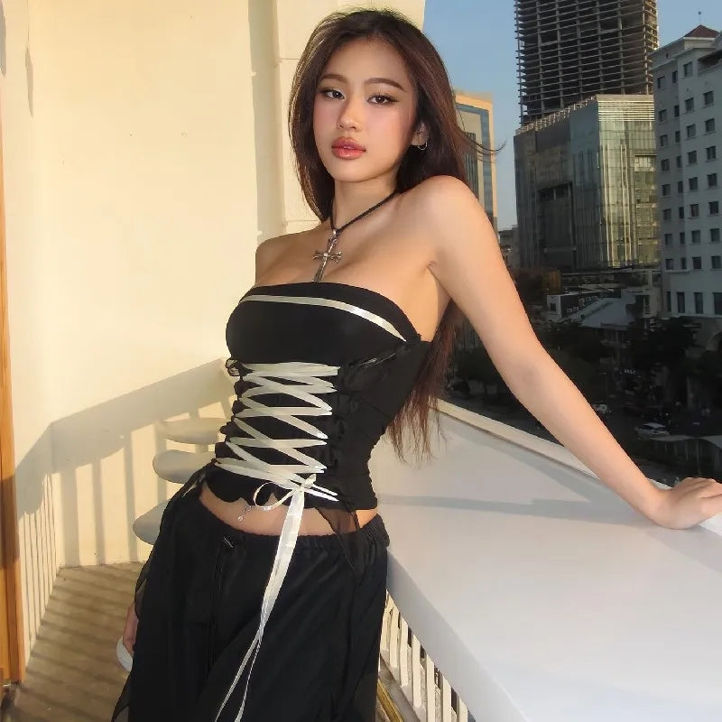 Bandage Ribbon Lace Up Tube Top
