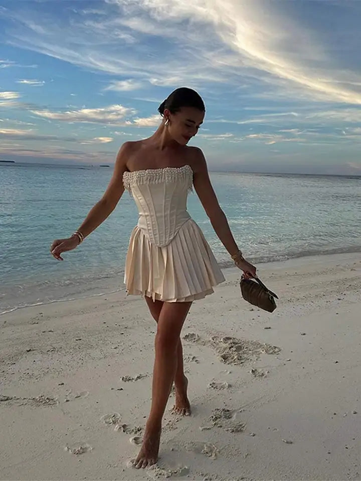 Pearl Tassel Pleated Mini Dress