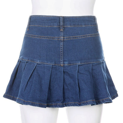 Cute High Waisted Pleated Denim Zipper Mini Skirt Blue Pink Bottoms Club Aesthetic Summer Party E-Girl Kawaii Korean Japanese Harajuku Streetwear