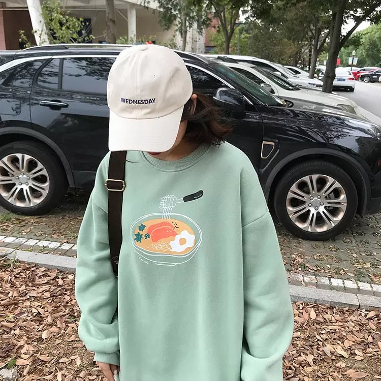 Dumpling Ramen Food Cartoon Print Loose Oversized Long Sleeve Sweatshirt Sweater Pullover Causal E-Girl Kawaii Korean Japanese Harajuku Streetwear