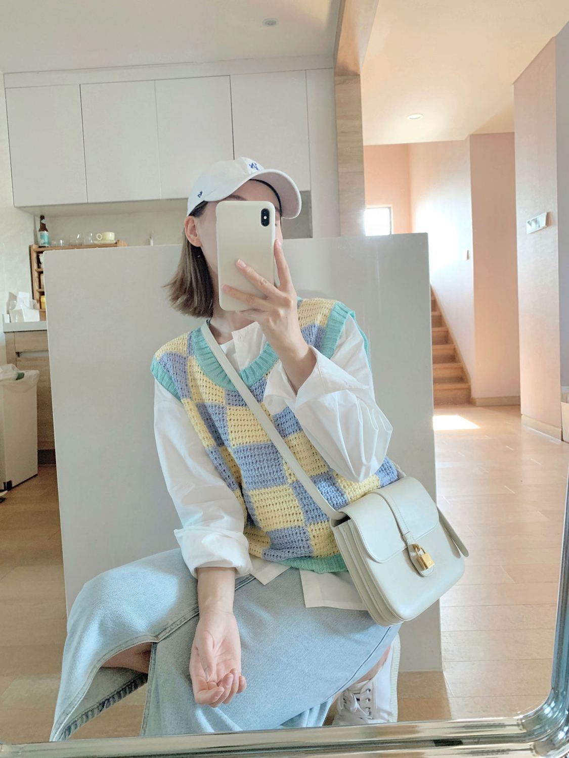 Blue & Yellow Checkered Crochet Sweater Vest