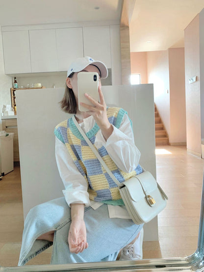 Blue & Yellow Checkered Crochet Sweater Vest