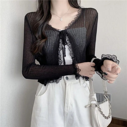 Sheer Lace Long Sleeve Cropped Cardigan