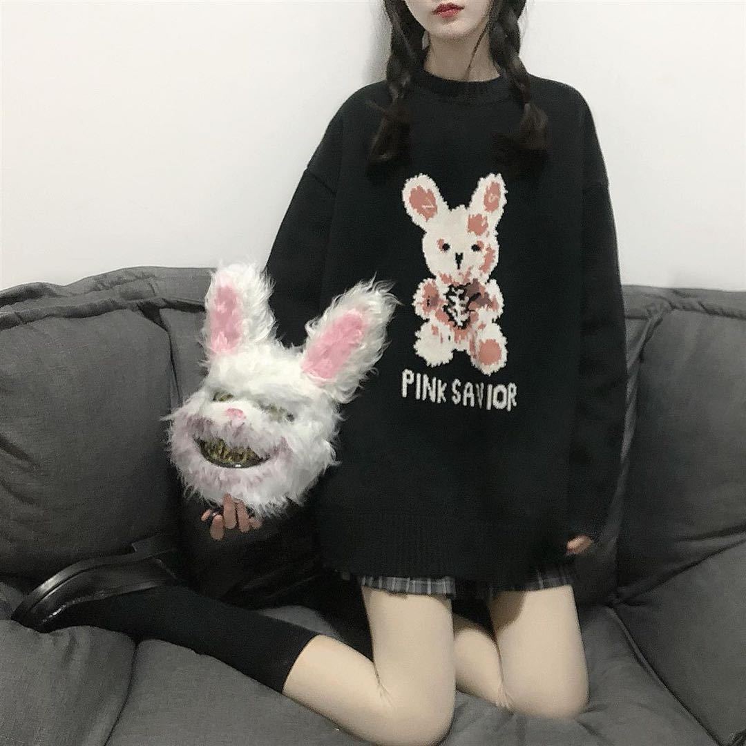 Bunny Knit Casual Sweater Sweatshirt Loose Jumper Long Sleeve Pullover Top Punk Goth E-Girl Kawaii Korean Japanese Harajuku Streetwear