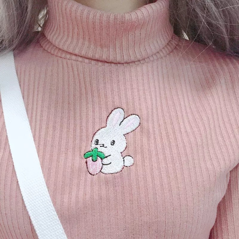 Cute Rabbit Animal Embroidery Knit Turtleneck Sweater Sweatshirt Pullover Long Sleeve Shirt E-Girl Kawaii Korean Japanese Harajuku Streetwear