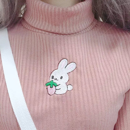 Cute Rabbit Animal Embroidery Knit Turtleneck Sweater Sweatshirt Pullover Long Sleeve Shirt E-Girl Kawaii Korean Japanese Harajuku Streetwear