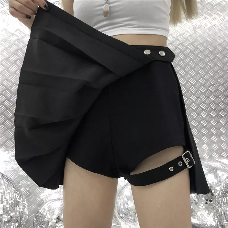 Black Punk Pleated Ruched Mini Skirt Summer Aesthetic Casual E-Girl Kawaii Korean Japanese Harajuku