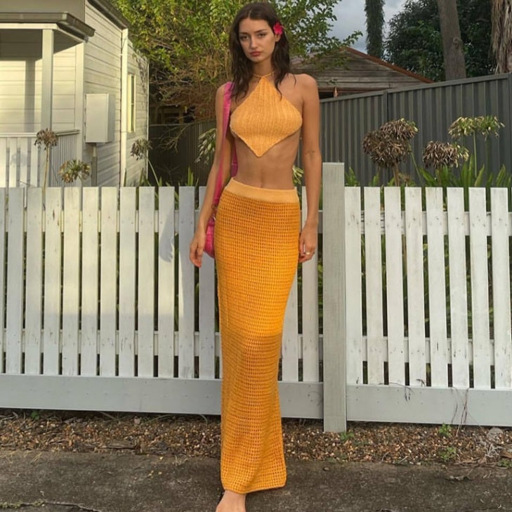 Orange Knit Beach Knit Pencil Skirt