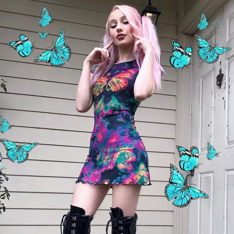 Cute Sexy Tie Dye Butterfly Print Mesh Transparent Short Sleeve Mini Dress Summer Aesthetic Casual E-Girl Kawaii Korean Japanese Harajuku