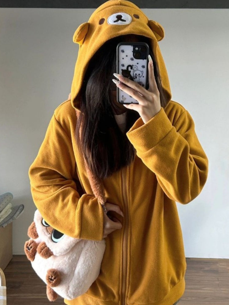 Bear Print Zip Up Hoodie