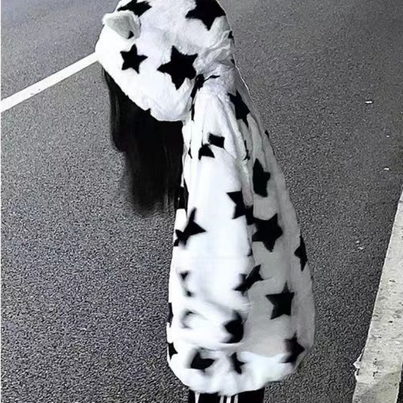 3D Star Ear Print Plush Hood Jacket