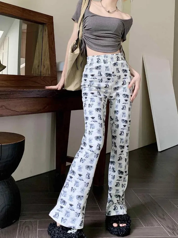 Puppy & Kitten Print Flare Trousers