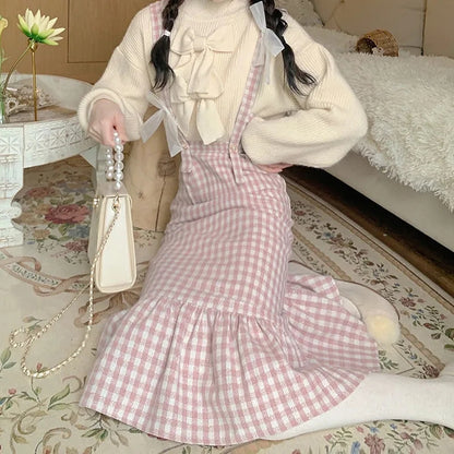 Pink Plaid High Waist Long Skirt