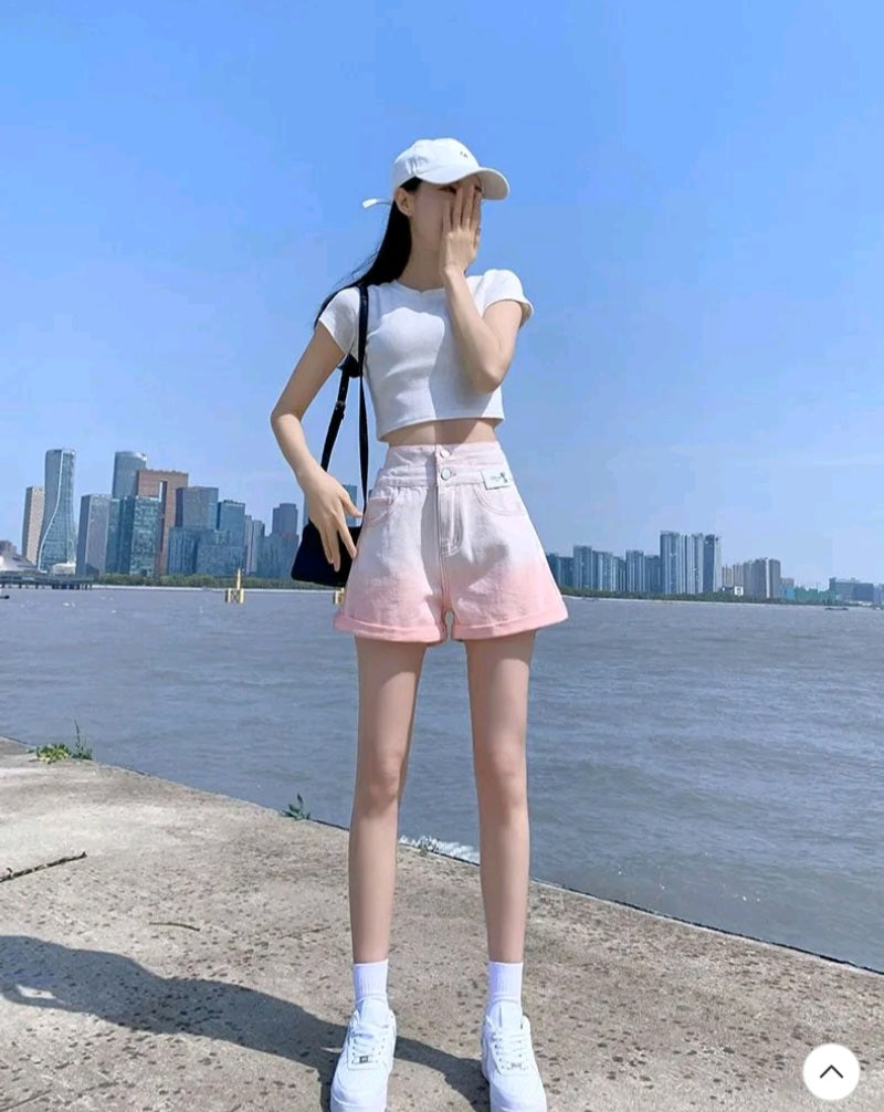 Pink Ombre High Waist Button Shorts