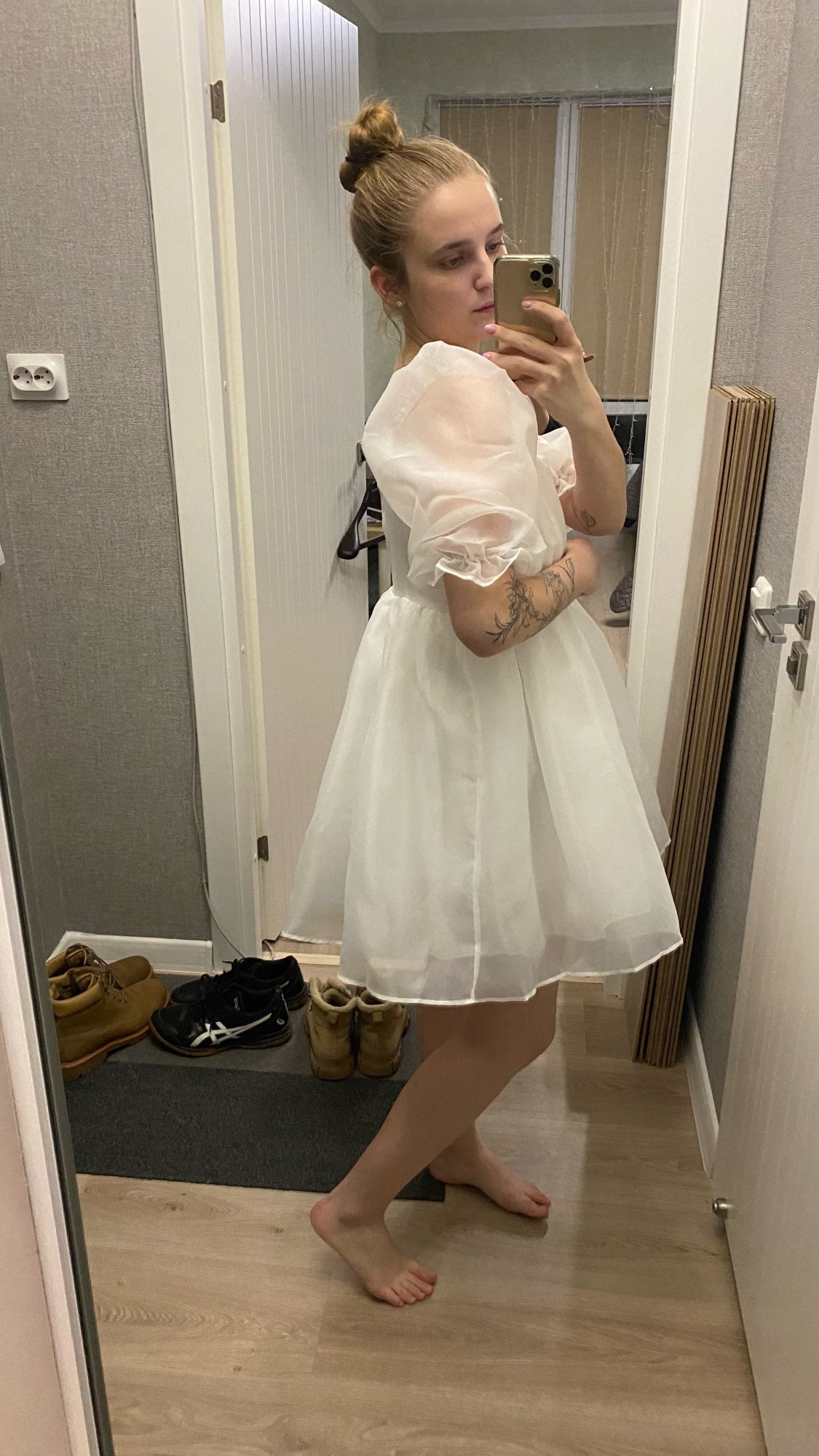 White Puff Sleeve A-Line High Waist Mini Dress