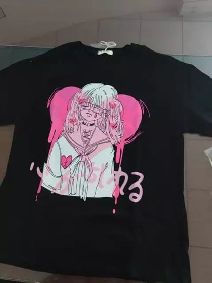 Cute Black Punk Goth Anime Girl Cartoon Print Short Sleeve Shirt Oversized Loose T-shirt Tee Top E-Girl Kawaii Korean Japanese Harajuku Streetwear